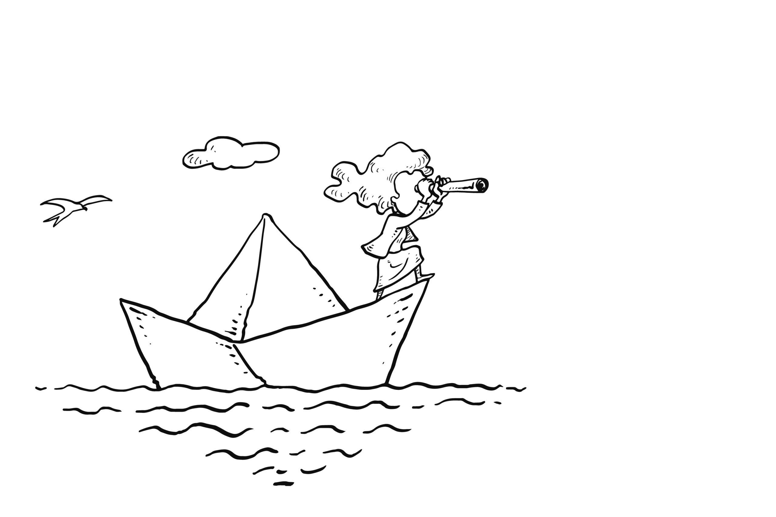 Female,Entrepreneur,On,Paper,Boat,Using,Telescope,For,Searching,Opportunity.