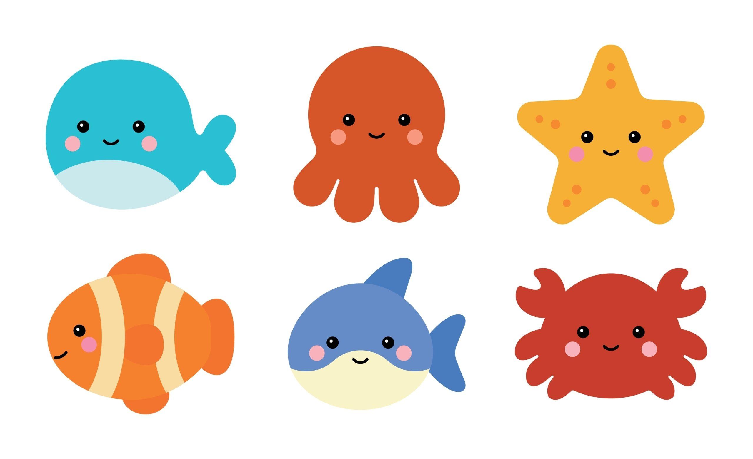 Set,Of,6,Cute,Sea,Creature,Characters,Including,Whale,,Octopus,