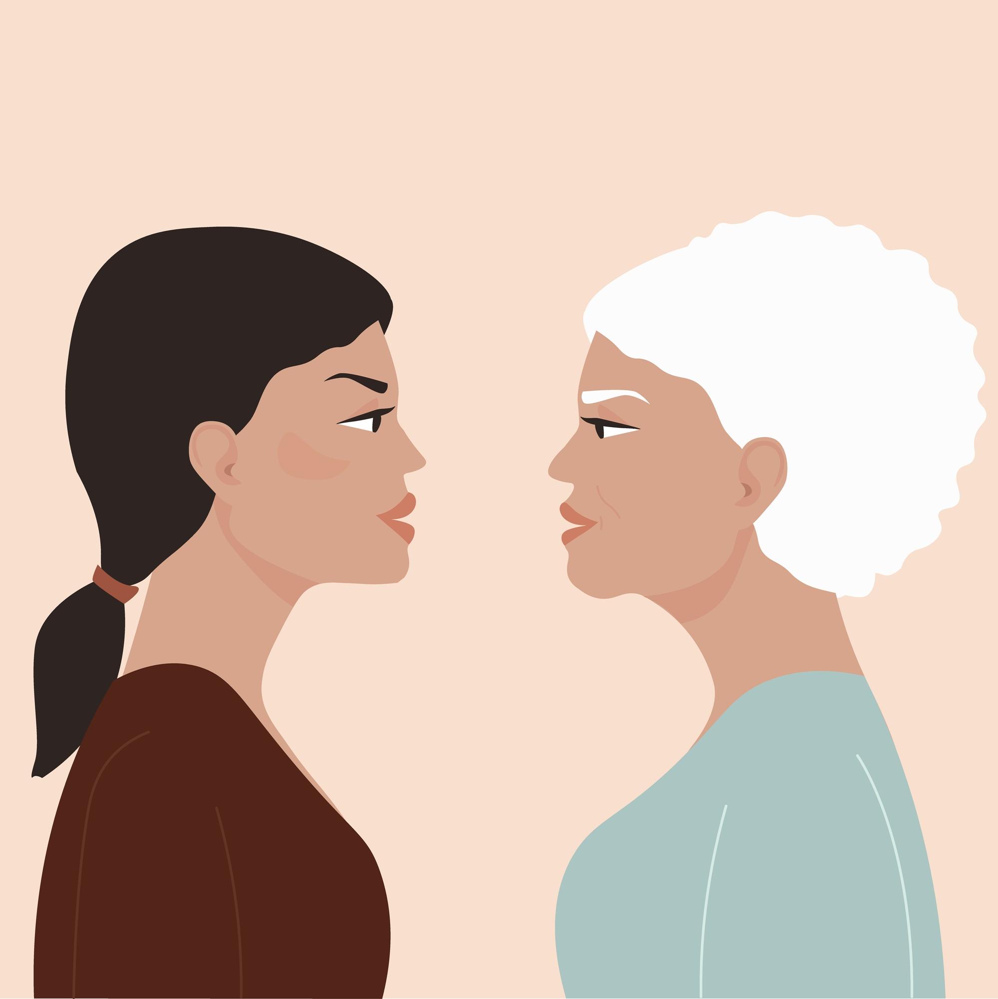 Two,Women,In,Profile,Facing,Each,Other,Look,Into,Each