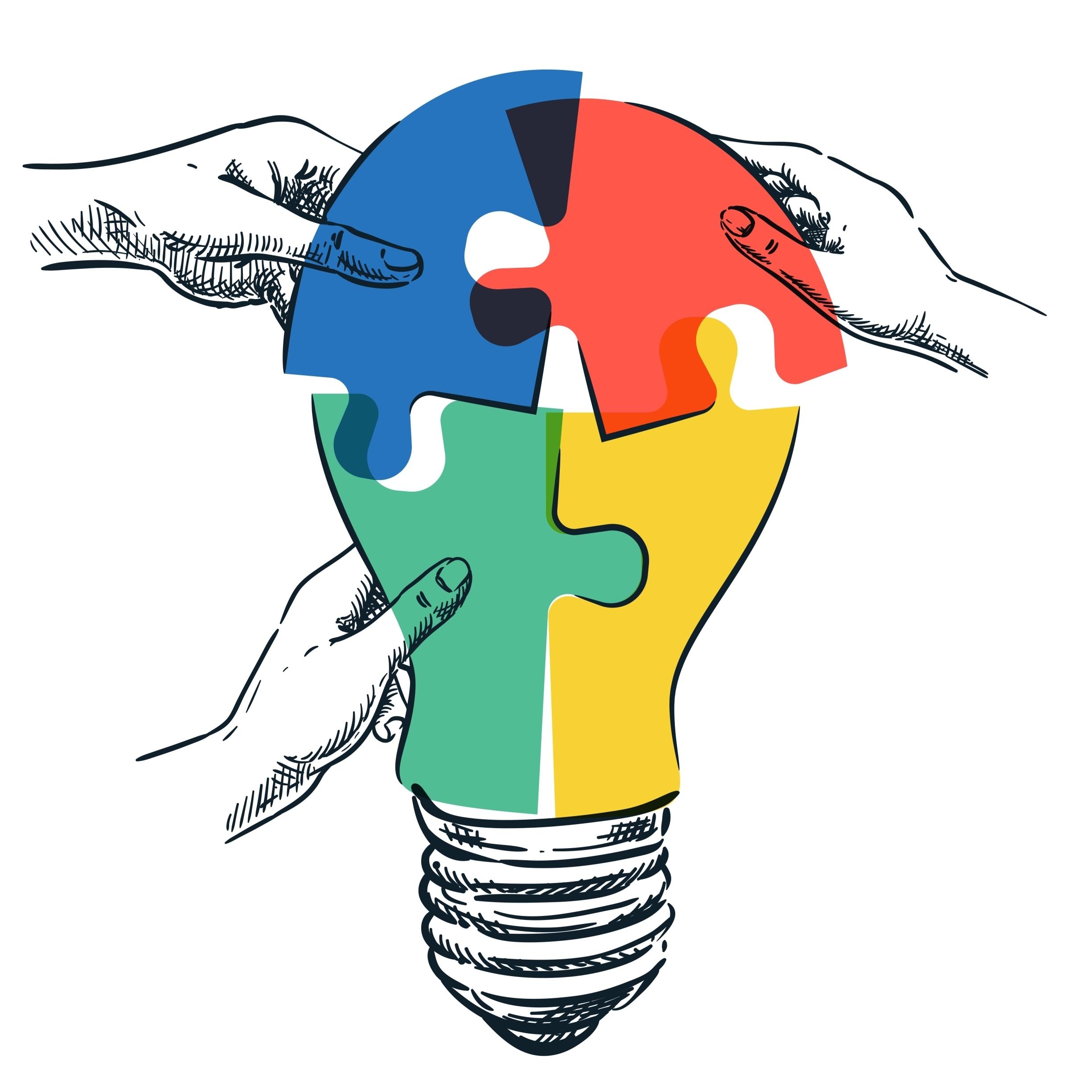 Human,Hands,Joining,Light,Bulb,Shape,Colorful,Puzzle.,Vector,Hand